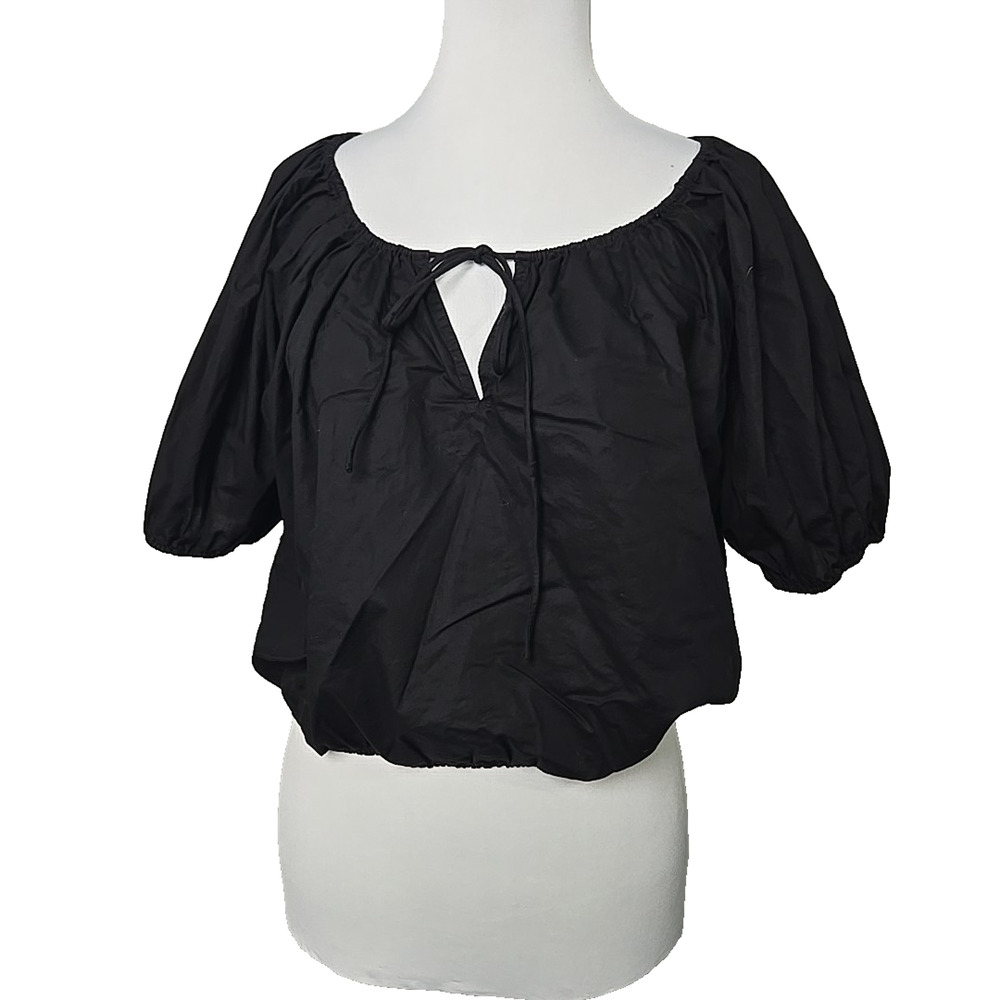 Lucky‎ Brand Black Poplin Crop Top Size Small Puff Sleeve
